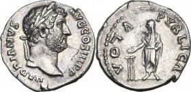 Hadrian (117-138). AR Denarius, Rome mint, 137-July 138 AD. Obv. HADRIANVS AVG COS III P P. Bare head of Hadrian right. Rev. VOTA PVBLICA. Hadrian, ve...