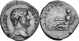 Hadrian (117-138). AR Denarius, Rome mint, 136 AD. Obv. HADRIANVS AVG COS III P P. Laureate head right. Rev. AFRICA. Africa reclining left, holding sc...