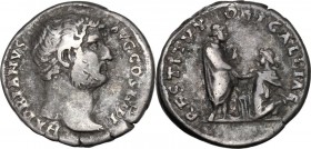 Hadrian (117-138). AR Denarius, 134-138 AD. Obv. HADRIANVS AVG COS III PP. Bare head right. Rev. RESTITVTORI GALLIAE. Hadrian standing right, holding ...