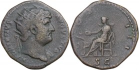Hadrian (117-138). AE Dupondius, 125-128 AD. Obv. HADRIANVS AVGVSTVS. Radiate head right. Rev. COS III SC. Salus seated left, feeding snake coiled rou...