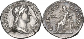 Sabina, wife of Hadrian (died 137 AD). AR Denarius, Rome mint. Obv. SABINA AVGVSTA HADRIANI AVG [P P]. Diademed and draped bust right. Rev. CONCORDIA ...