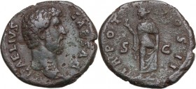Aelius (Caesar 136-138). AE As, 137 AD. Obv. L. AELIVS CAESAR. Bare head right. Rev. TR POT COS II SC. Spes advancing left, holding flower and raising...