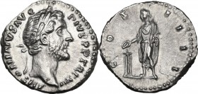Antoninus Pius (138-161). AR Denarius, Rome mint. Obv. ANTONINVS AVG PIVS P P TR P XII. Laureate head right. Rev. COS IIII. Antoninus Pius standing le...