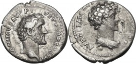 Antoninus Pius with Marcus Aurelius as Caesar (139-161). AR Denarius, 140-144 AD. Obv. ANTONINVS AVG PIVS PP TR P COS III. Bare head of Antoninus Pius...