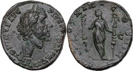 Antoninus Pius (138-161). AE Sestertius, 155-156 AD. Obv. ANTONINVS AVG PIVS PP IMP II. Laureate head right. Rev. TR POT XIX COS IIII SC. Fides Exerci...