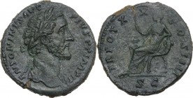 Antoninus Pius (138-161). AE Sestertius, 156-157 AD. Obv. ANTONINVS AVG PIVS PP IMP II. Laureate bust right, with drapery on far shoulder. Rev. TR POT...