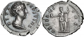 Faustina I, wife of Antoninus Pius (died 141 AD). AR Denarius, Rome mint. Obv. DIVA FAVSTINA. Draped bust right. Rev. AETERNITAS. Aeternitas standing ...