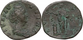 Faustina I, wife of Antoninus Pius (died 141 AD). AE Sestertius, Rome mint. Obv. DIVA FAVSTINA. Draped bust right. Rev. AVGVSTA SC. Pietas standing le...