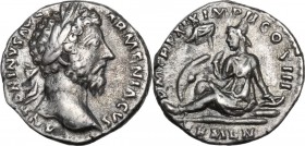 Marcus Aurelius (161-180). AR Denarius, 164-165 AD. Obv. ANTONINVS AVG ARMENIACVS. Laureate head right. Rev. ARMEN(in ex.) PM TR P XIX IMP II COS III....