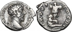 Marcus Aurelius (161-180). AR Denarius, 173-174 AD. Obv. M ANTONINVS AVG TR P XXVIII. Laureate head right. Rev. IMP VI COS III. German seated right, a...