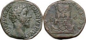 Marcus Aurelius (Divus, died 180 AD). AE Sestertius, struck under Commodus, 180 AD. Obv. DIVVS M ANTONINVS PIVS. Bare head right. Rev. CONSECRATIO SC....