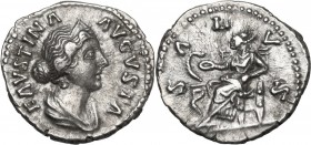 Faustina II, wife of Marcus Aurelius (died 176 AD). AR Denarius, struck under Marcus Aurelius, circa 165-170 AD. Obv. FAVSTINA AVGVSTA. Draped bust ri...