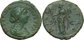 Faustina II, wife of Marcus Aurelius (died 176 AD). AE As, struck under Marcus Aurelius. Obv. FAVSTINA AVGVSTA. Draped bust right. Rev. HILARITAS SC. ...