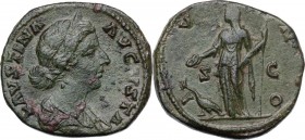 Faustina II, wife of Marcus Aurelius (died 176 AD). AE Sestertius, struck under Marcus Aurelius. Obv. FAVSTINA AVGVSTA. Draped bust right, wearing pea...