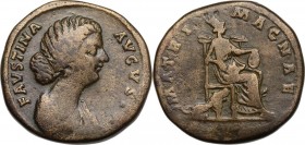 Faustina II, wife of Marcus Aurelius (died 176 AD). AE Sestertius, struck under Marcus Aurelius. Obv. FAVSTINA AVGVSTA. Draped bust right. Rev. MATRI ...