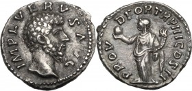 Lucius Verus (161-169). AR Denarius, 162-163 AD. Obv. IMP L VERVS AVG. Bare head right. Rev. PROV DE(E mis-struck) OR TR P III COS II. Providentia sta...