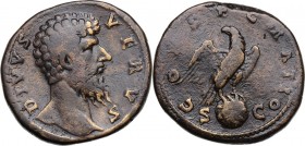 Lucius Verus (Divus, after 169 AD). AE Sestertius, struck under Marcus Aurelius. Obv. DIVVS VERVS. Bare head right. Rev. CONSECRATIO SC. Eagle standin...
