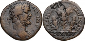Septimius Severus (193-211). AE Sestertius, 195 AD. Obv. [L SEPT S]EV PER[T] AVG IMP V. Laureate bust right, with drapery on far shoulder. Rev. PART A...