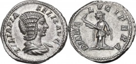 Julia Domna, wife of Septimius Severus (died in 217 AD). AR Denarius, struck under Caracalla, 211-217 AD. Obv. IVLIA PIA FELIX AVG. Draped bust right....