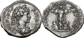 Caracalla (198-217). AR Denarius, 201 AD. Obv. ANTONINVS PIVS AVG. Laureate, draped and cuirassed bust right. Rev. PART MAX PONT TR P IIII. Two captiv...