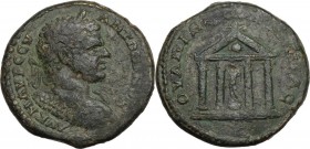 Caracalla (198-217). AE 30 mm. Pautalia mint, Thrace. Obv. Laureate and cuirassed bust right, seen from behind. Rev. OYΛΠIA[C ΠAYTAΛ]IAC. Tetrastyle t...