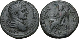 Caracalla (198-217). AE 29 mm. Pautalia mint, Thrace. Obv. Laureate, draped and cuirassed bust right. Rev. Zeus enthroned left, holding patera and sce...