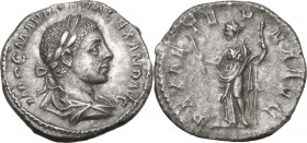 Severus Alexander (222-235 AD). AR Denarius, 223 AD. Obv. IMP C M AVR SEV ALEXAND AVG. Laureate and draped bust right. Rev. PAX AETERNA AVG. Pax stand...