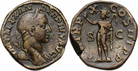 Severus Alexander (222-235 AD). AE Sestertius, 231 AD. Obv. IMP ALEXANDER PIVS AVG. Laureate bust right, with drapery on far shoulder. Rev. PM TR P X ...
