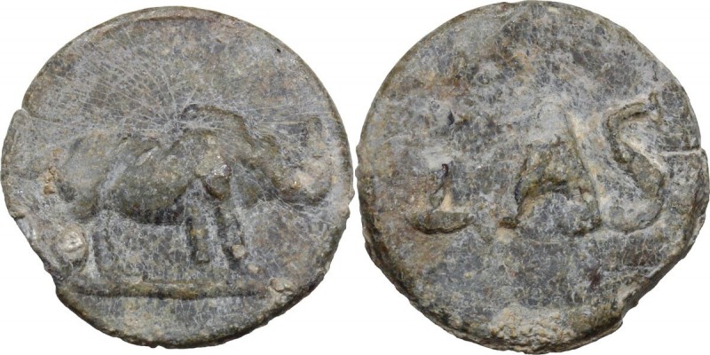 PB Tessera, 1st-3rd century AD. Obv. Rhinoceros right. Rev. [?]AS. Cf. Rostowzev...