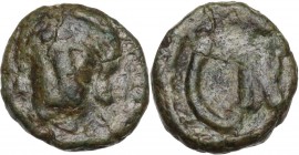 Vandals (?) Uncertain. Imitative AE Nummus, 6th century AD. Obv. Bust facing. Rev. Large CN within wreath. Unlisted in the standard references. AE. 0....