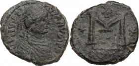 Justinian I (527-565). AE Follis. Rome mint. Obv. Diademed, draped and cuirassed bust right. Rev. Large M between two stars; above, cross; in exergue,...