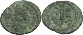 Justinian I (527-565). AE Decanummium, Perugia mint. Obv. Diademed and draped bust left. Rev. Large I between A/N/N/O and X/X/X/VI; above, cross; belo...