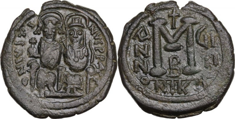 Justin II (565-578). AE Follis, Nicomedia mint, RY 9 (573/4 AD). Obv. D N IVSTIN...