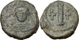 Tiberius II Constantine (578-582). AE Decanummium, Ravenna mint. Obv. [Dm TIb CONSTANT PP AVG]. Crowned and cuirassed bust facing, holding globus cruc...