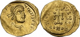 Constans II (641-668). AV Tremissis, Constantinople mint. Obv. Diademed, draped and cuirassed bust right. Rev. VIC[TORIA A]VGYS. Cross potent; below, ...
