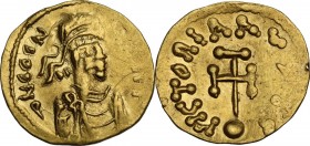 Constantine IV Pogonatus (668-685). AV Semis, Constantinople mint. Obv. Diademed, draped and cuirassed bust right. Rev. VICTORIA AV[GYS]. Cross potent...