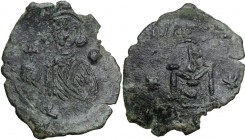 Justinian II (Second Reign, 705-711). AE Follis, Syracuse mint. Obv. Bust facing with short beard, wearing crown and chlamys, and holding globus cruci...