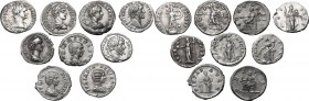The Roman Empire. Domitian to Severus Alexander. Lot of nine (9) unclassified AR Denarii: Domitian; Antoninus Pius; Faustina I; Septimius Severus; Jul...