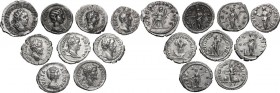 The Roman Empire. Antoninus Pius to Valerian. Lot of nine (9) unclassified coins: 8 AR Denarii: Antoninus Pius; Lucius Verus; Septimius Severus (2); J...