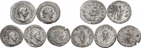 The Roman Empire. Multiple lot of five (5) unclassified AR Antoniniani of Gordian III, Volusian and Postumus. AR. VF.
