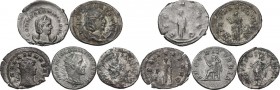 The Roman Empire. Multiple lot of five (5) unclassified AR Antoniniani of Philip I. Otacilia Severa, Gallienus, Salonina and Postumus. AR. VF.