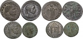 The Roman Empire. Multiple lot of four (4) AE unclassified Folles of Constantine I Caesar, Licinius I, Maximian and Maxentius. AE. Including a very in...
