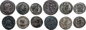 The Roman Empire. Quintillus to Constantine II. Lot of six (6) unclassified AE coins: Antoninianus of Quintillus; AE of Licinius; Constantine I (2); C...