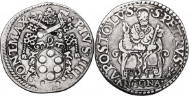 Ancona. Pio IV (1559-1565), Gian Angelo de' Medici. Testone. CNI 23; M. 51; Dubbini-Mancinelli p. 144. 2° tipo. ; Berm. 1072. AG. 9.29 g. 30.30 mm. R....