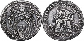 Ancona. Gregorio XIII (1572-1585), Ugo Boncompagni. Testone. Ser. 520; M. 237 ; Dubbini-Mancinelli p. 157-158, 11° tipo. ; Berm. 1218. AG. 9.28 g. 29....