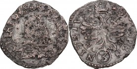Bozzolo. Scipione Gonzaga (1613-1670). Da 3 soldi. CNI 137/145; MIR (Lombardia, zecche) 81/1. MI. 1.00 g. 20.00 mm. R. MB.