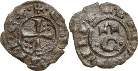 Brindisi o Messina. Corrado II di Svevia (Corradino) (1254-1258). Mezzo Denaro. Sp. -; Travaini 1993, -; D'Andrea 225. MI. 0.41 g. 14.50 mm. RR. BB+.