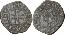 Genova. Repubblica (1139-1339). Quartaro. CNI 27/32; MIR (Piem. Sard. Lig. Cors.) 25. MI. 0.91 g. 15.00 mm. RR. Tipologia con legenda TOMAINVS. BB+.