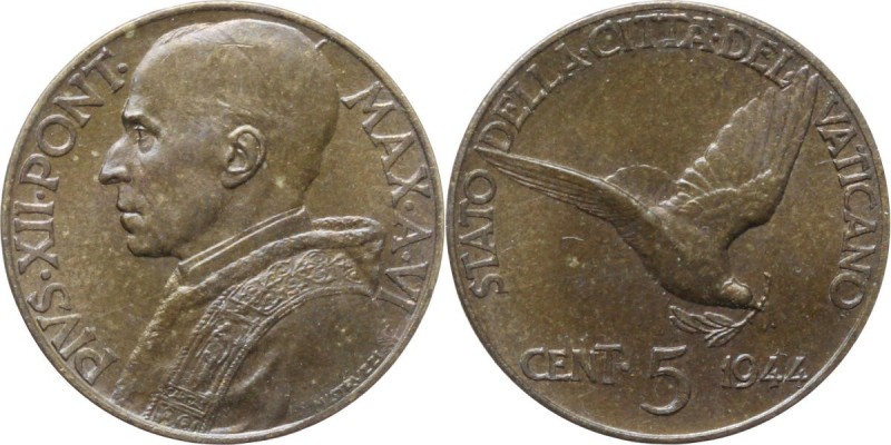 Roma. Pio XII (1938-1959), Eugenio Pacelli. 5 Centesimi A. VI, 1944. Pag. 840; M...