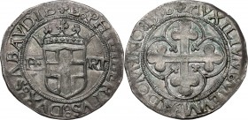 Emanuele Filiberto (1559-1580). Da 4 grossi 1558, I tipo. MIR (Savoia) 518d. MI. 5.13 g. 28.00 mm. Ottima conservazione per il tipo. Piacevole patina ...